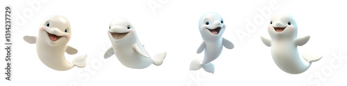 Set of cute smiling beluga whales playing joyfully in water isolated on transparent background, Cutout PNG