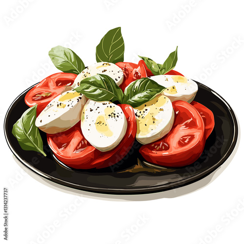 Caprese salad, basil, tomato, mozzarella, olive oil, oregano, black pepper, sea salt on a dark plate Top view. Healthy vegetarian mediterranean food concept Vector illustration on a white background