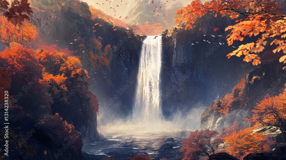 Naklejka premium Autumn waterfall cascading into a serene valley