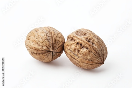 Dos nueces en su cáscara, destacando por su textura y forma en un fondo blanco minimalista.