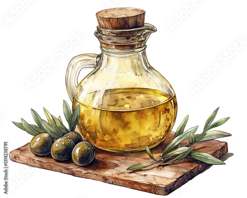 Watercolor oil jar with olive oil, isolated on transparent background