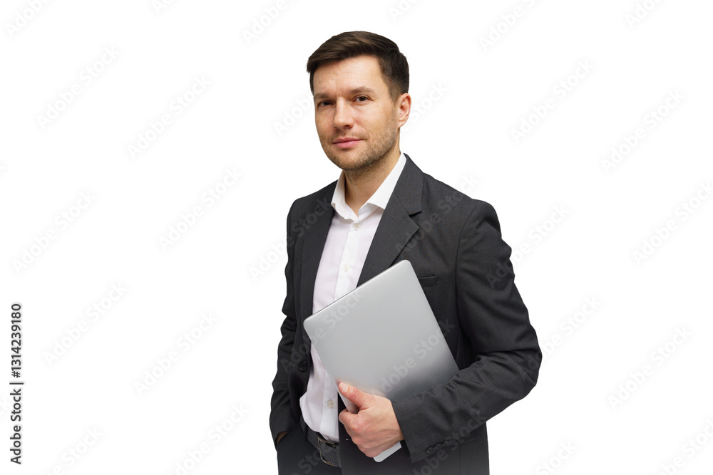 Professional man in a suit holding a laptop, ready for business engagement in a modern setting Professional man in a suit holding a laptop, ready for business engagement in a modern setting