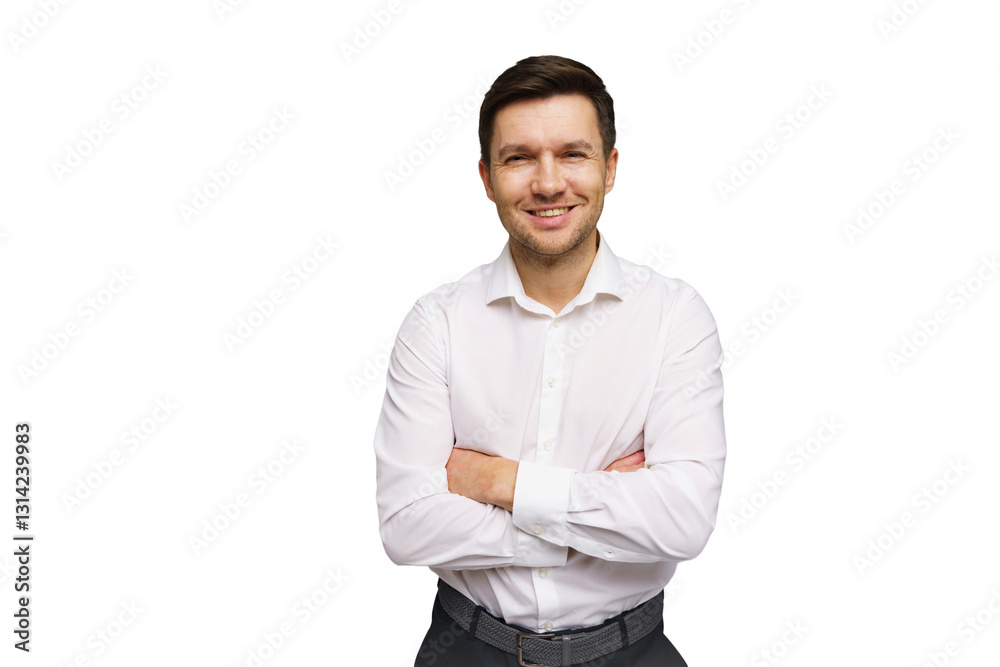 Smiling man in a white shirt poses with crossed arms against a neutral background in a studio setting Smiling man in a white shirt poses with crossed arms against a neutral background in a studio setting