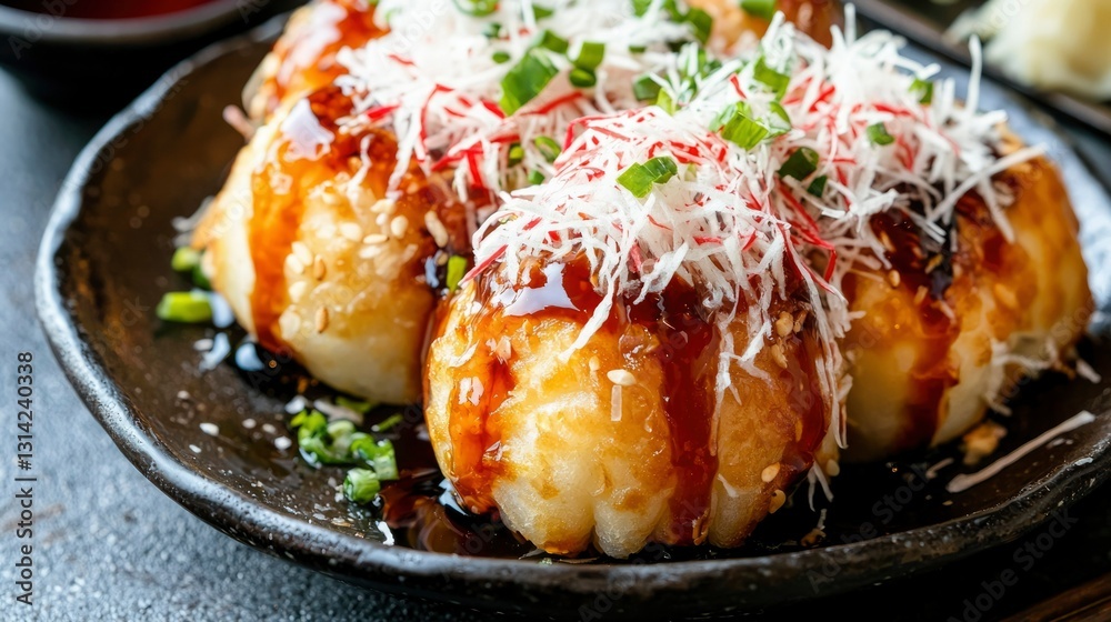 Deep-fried Japanese dumplings topped with sweet sauce Deep-fried Japanese dumplings topped with sweet sauce