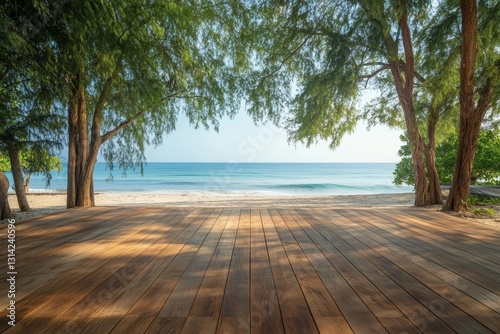 Wood floor deck on blur beach background - can be used for display or montage your products. High quality photo