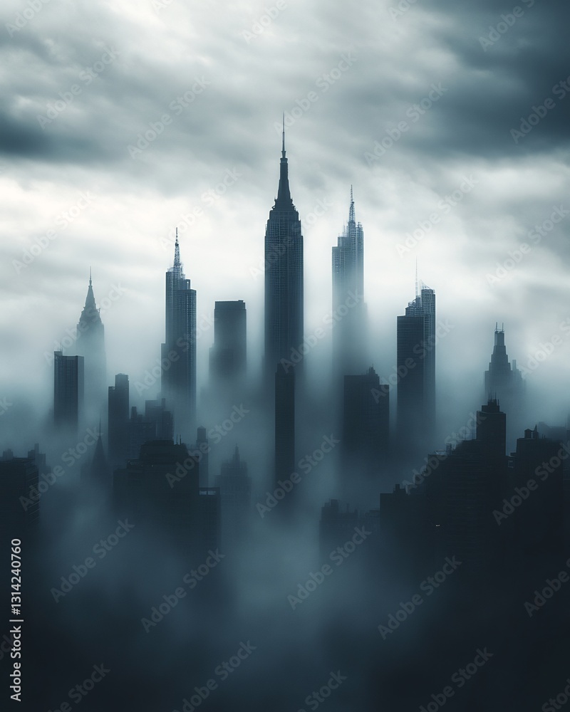 Obraz premium city skyline covered in thick fog with high-rise buildings peaks visible