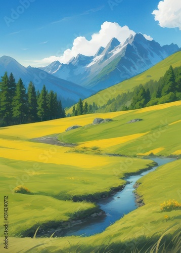 Anime Style High-Angle Shot of Stream Flowing through Green Meadow with Mountains, Blue Sky & Clouds; Landscape, Nature, Outdoors.