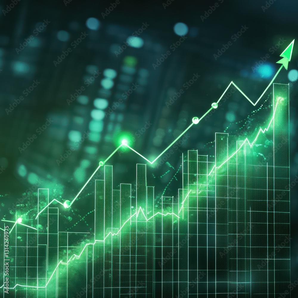 Naklejka premium Close-up, Financial Growth Chart. Green Graph with Arrow Pointing Up. Stock Market, Investment, Economy.