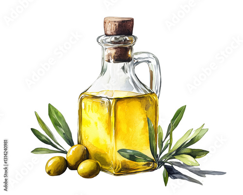 Watercolor oil jar with olive oil, isolated on transparent background