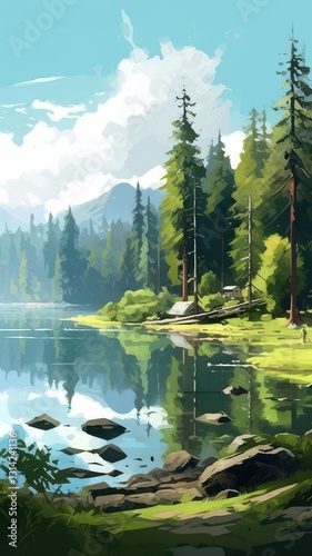 Eye-Level Medium Shot of Serene Lake Reflection, Cabin in Forest, Calm Water, Green Landscape, Nature Scenery, Scenic View, Rocky Shoreline, Tranquil Scene, Summer, Evergreen Trees, 