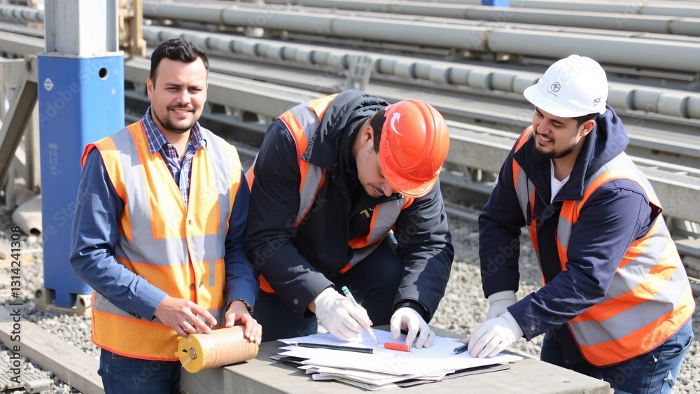 Teamwork of Engineers Reviewing Plans at Construction Site Teamwork of Engineers Reviewing Plans at Construction Site