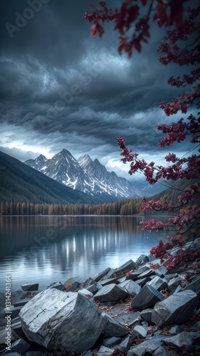 Eye-Level Shot Serene Mountain Lake with Rocky Shore and Red Foliage, Reflection, Cloudy Sky, Nature, Landscape, Scenery, Tranquil.