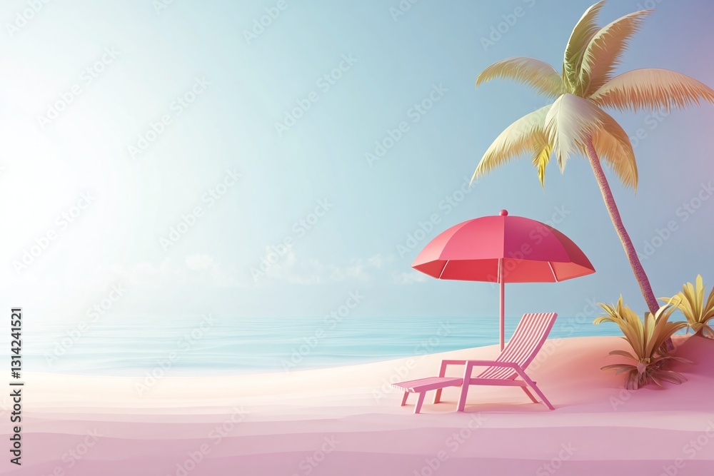 Relaxing beach setting with pink lounge chair and umbrella under clear sky at sunset Relaxing beach setting with pink lounge chair and umbrella under clear sky at sunset