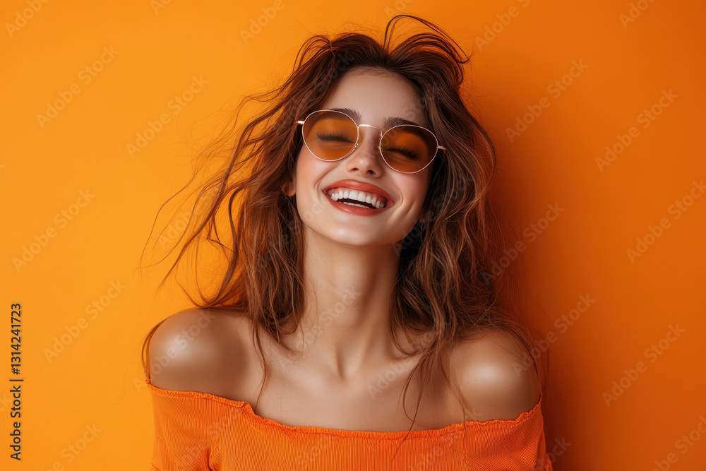Woman smiling in sunglasses at a beach, waves crashing in the background. Woman smiling in sunglasses at a beach, waves crashing in the background.