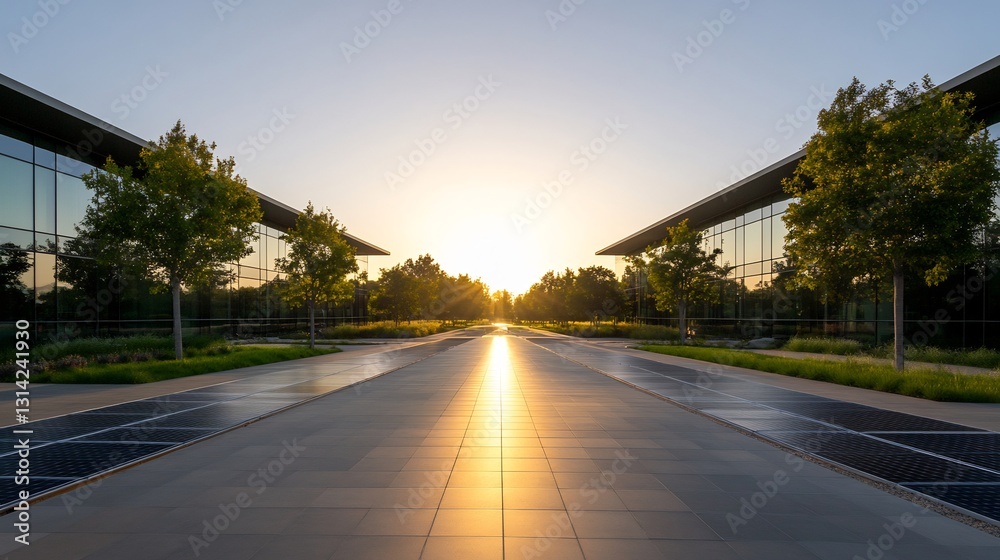 Naklejka premium clean energy corporate campus with solar panels and trees