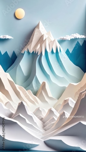 High-Angle Paper Mountains landscape with sun and cloud. Creative Origami Design. Dreamy, Background, Papercraft , Sky, Serene.