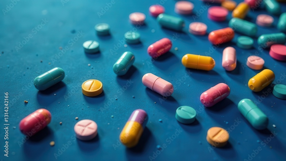 Colorful Capsules and Tablets Scattered on a Blue Surface A Close-Up View of Assorted Medication Colorful Capsules and Tablets Scattered on a Blue Surface A Close-Up View of Assorted Medication