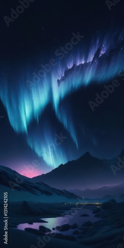 Low Angle Majestic Aurora Borealis Display over Mountain, night sky. Northern Lights Landscape, Arctic, magical, scenic.