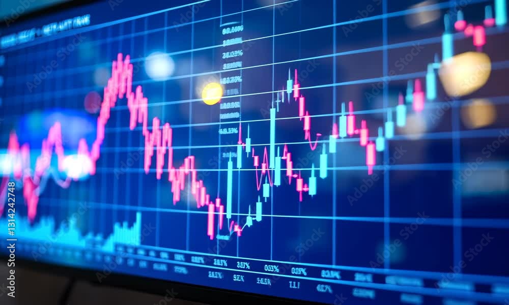 Stock Market Graph with Red and Blue Lines Displayed on a Monitor Displaying Investment Data and Financial Trends Analysis