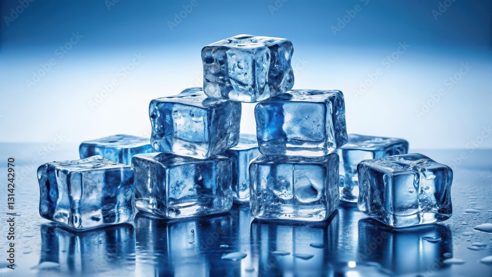 A blue-hued still life of a frozen pile of ice cubes on a plain white background