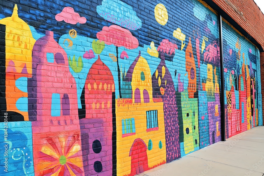 Vibrant, whimsical mural depicting a colorful cityscape. Bold colors and playful designs create a joyful, imaginative scene. Perfect for urban, art, and travel themes. Vibrant, whimsical mural depicting a colorful cityscape. Bold colors and playful designs create a joyful, imaginative scene. Perfect for urban, art, and travel themes.