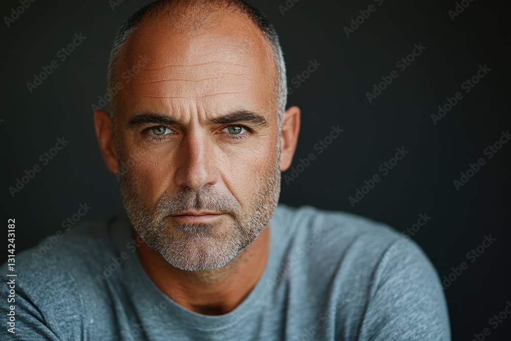 Man in grey shirt looking at the camera amidst a bustling city street, with towering buildings in the background and people walking by. Man in grey shirt looking at the camera amidst a bustling city street, with towering buildings in the background and people walking by.