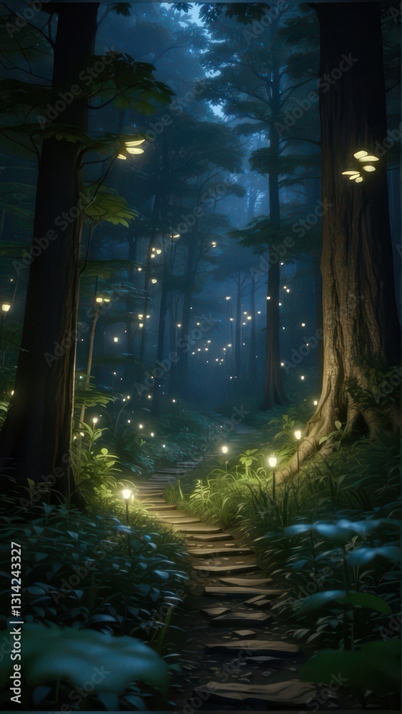Vertical shot Fairytale path through enchanted forest with glowing lights. Magical concept. Night scene, fantasy, woodland, nature, trees. Vertical shot Fairytale path through enchanted forest with glowing lights. Magical concept. Night scene, fantasy, woodland, nature, trees.