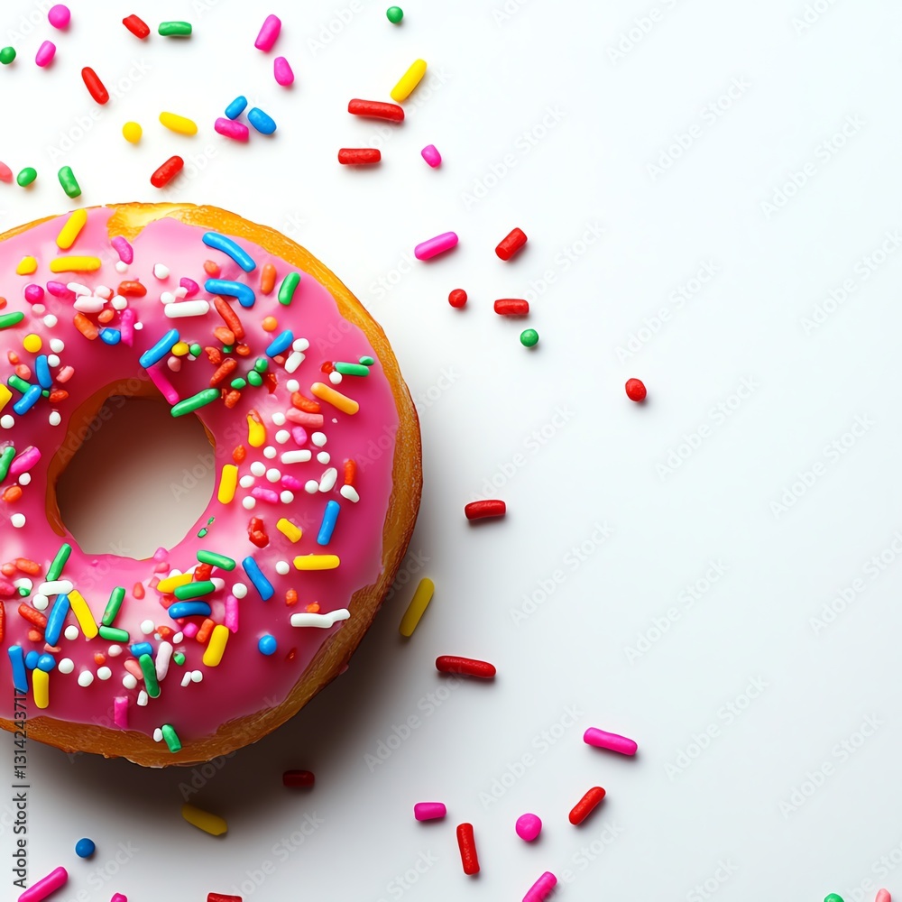 A colorful pink frosted donut topped with sprinkles, set against a clean white background, surrounded by scattered colorful candy pieces. A colorful pink frosted donut topped with sprinkles, set against a clean white background, surrounded by scattered colorful candy pieces.