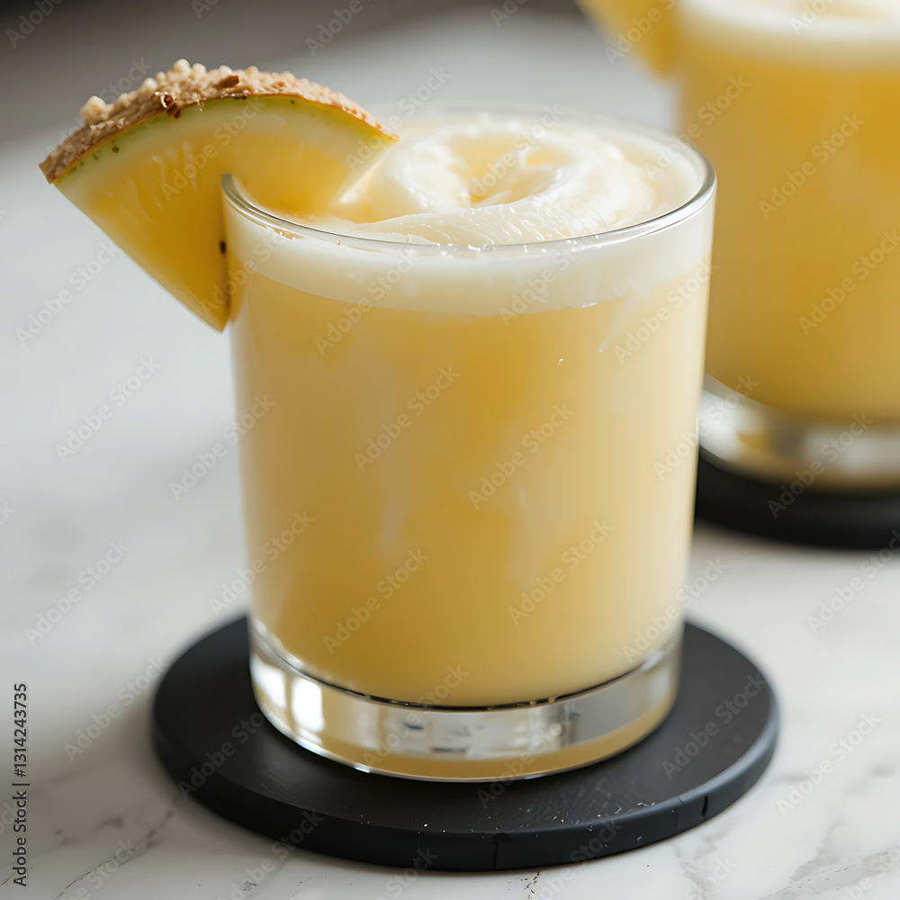 close up, creamy virgin pina colada, placed directly on a matching matte-black coaster. The drink features a smooth, creamy on white background close up, creamy virgin pina colada, placed directly on a matching matte-black coaster. The drink features a smooth, creamy on white background