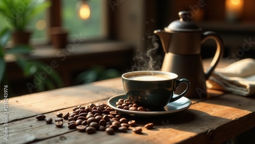 Aromatic Coffee Steam Rising from a Dark Cup on Wooden Table with Scattered Beans and a Coffee Pot