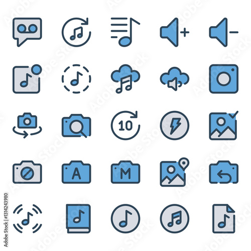 Filled blue outline icons set for Audio, photography