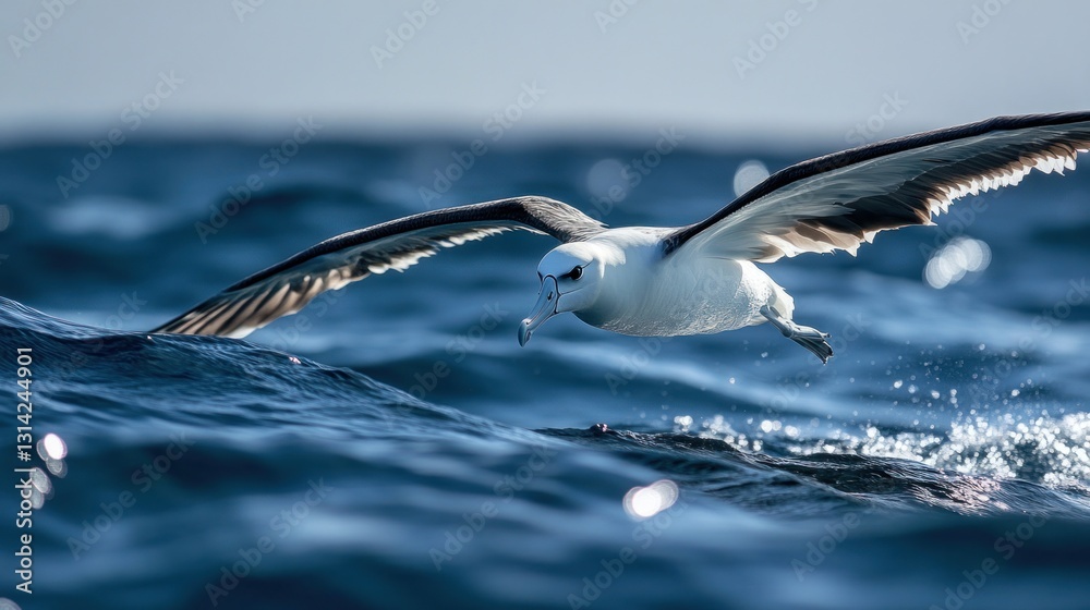 Powerful seabird soars over ocean waves. A majestic, white and dark-winged bird gracefully flies above the water, capturing the energy of the sea Powerful seabird soars over ocean waves. A majestic, white and dark-winged bird gracefully flies above the water, capturing the energy of the sea