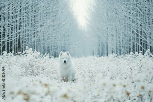 A fluffy white dog stands amidst a serene snowy landscape, surrounded by delicate snow-covered trees under a soft, overcast sky.