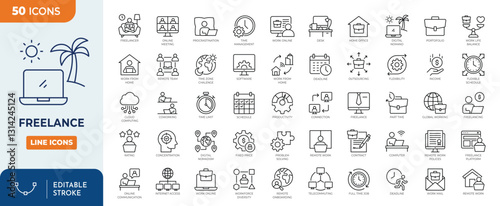 Freelance line editable icon set. Contains icons related to home office technology, remote work, working from home, freelance business, online job. Vector illustration