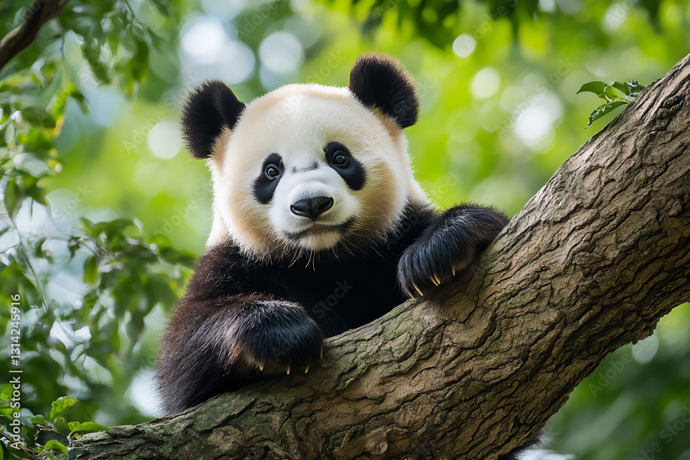 Obraz premium a panda is sitting on the branch of an old tree,