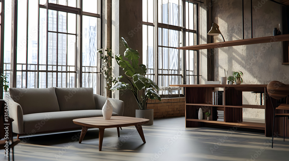 Modern Minimalist Living Room in a High Rise Loft Apartment with City View and Natural Light Modern Minimalist Living Room in a High Rise Loft Apartment with City View and Natural Light