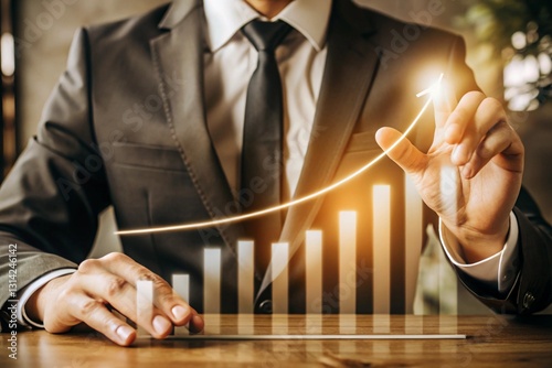 Digital increasing bar graph with businessman hand overlay
