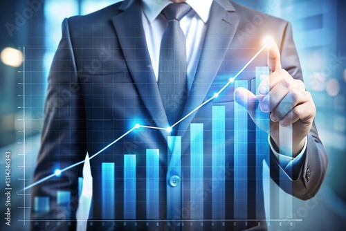 Digital increasing bar graph with businessman hand overlay