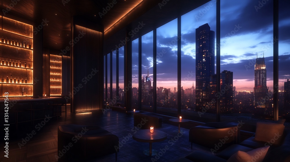 luxurious office lounge with city skyline at night luxurious office lounge with city skyline at night