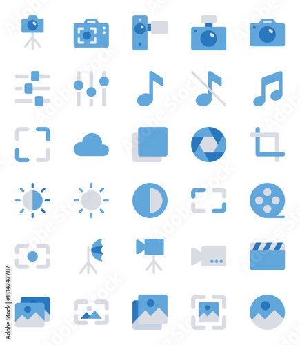 Blue color icons set for Audio, photography