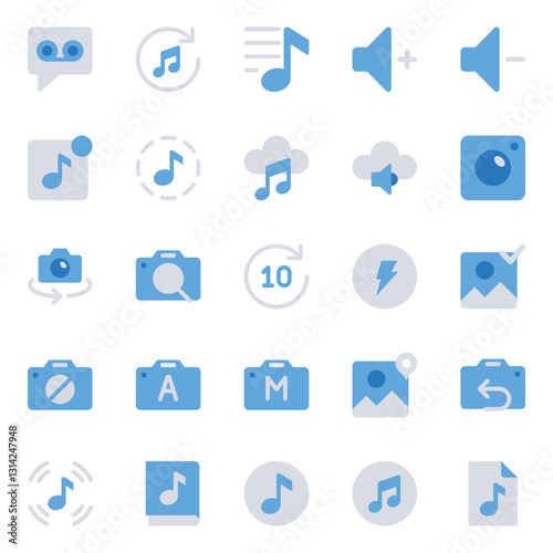 Blue color icons set for Audio, photography