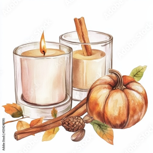 Watercolor illustration of two candles, a pumpkin isolated on white background Drawing watercolor illustration art photo