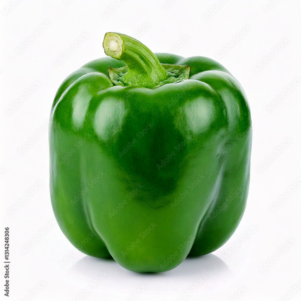 Bright green organic bell pepper isolated on white background
