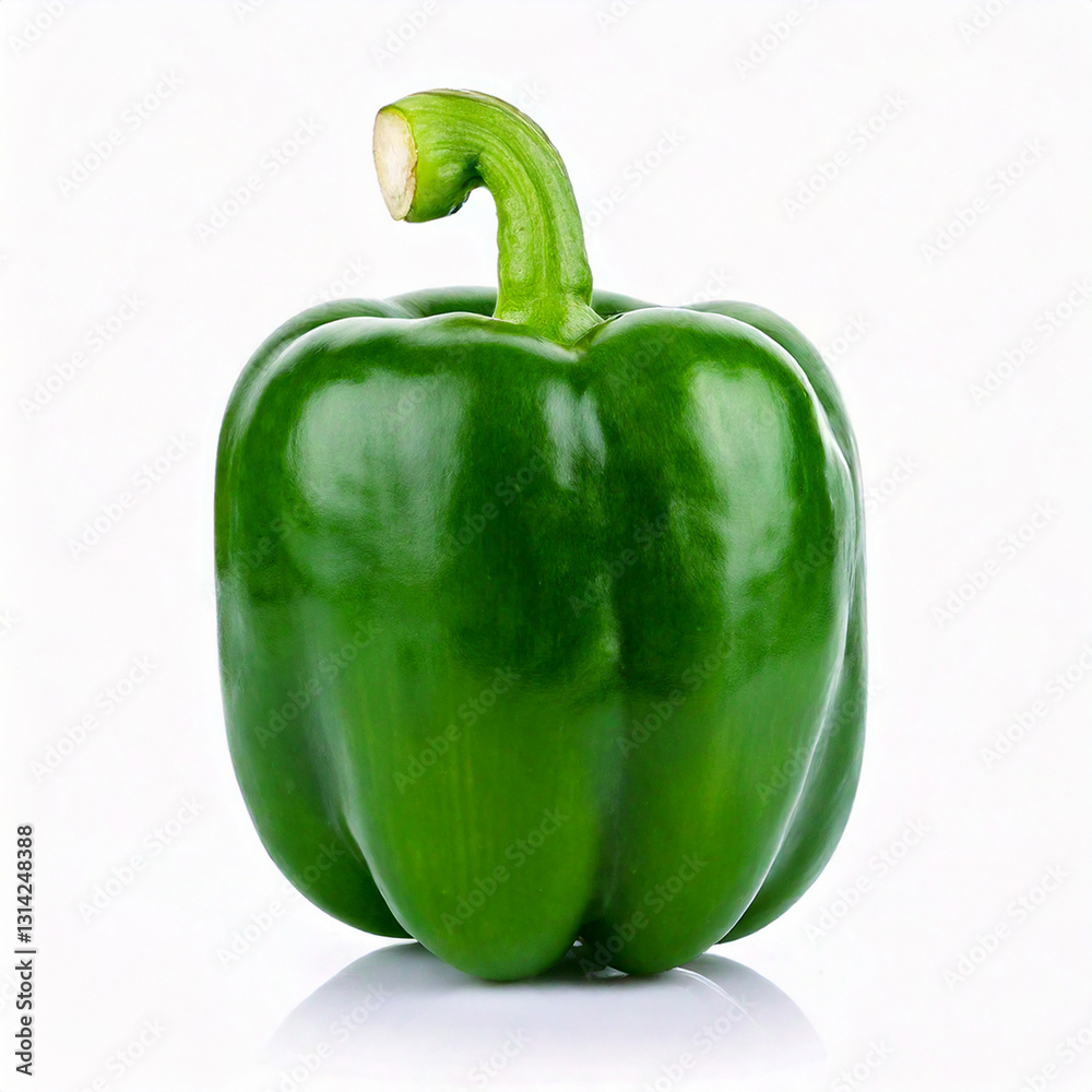 Bright green organic bell pepper isolated on white background