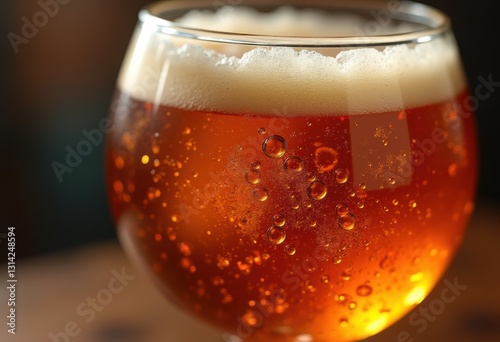 detailed close colorful handcrafted beer inside artisan glass capturing bubbles texture, foam, ale, lager, beverage, drink, frothy, golden, amber, dark