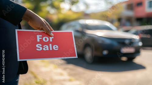 Real Estate Agent Holding For Sale Sign in Front of Cars photo