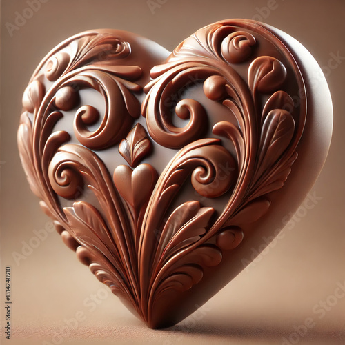 An exquisite chocolate heart with a luxurious bas-relief pattern of swirling ornaments and leaves