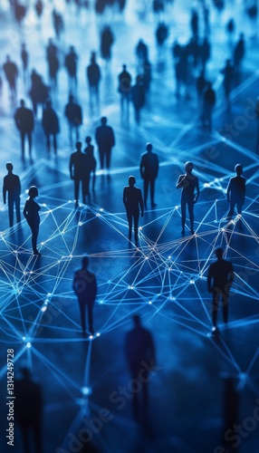 Dynamic abstract representation of human connection in a networked community on a blue background