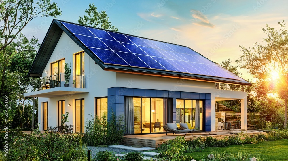 Modern house with blue solar panels under warm sunset, blending sustainability with serene beauty. Modern house with blue solar panels under warm sunset, blending sustainability with serene beauty.
