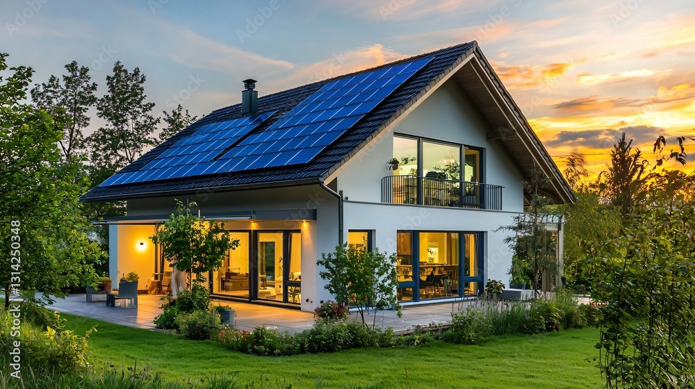 Modern house with blue solar panels under warm sunset, blending sustainability with serene beauty. Modern house with blue solar panels under warm sunset, blending sustainability with serene beauty.